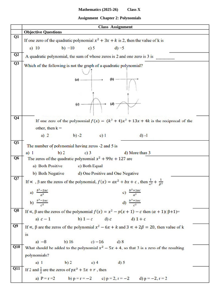 Class X CH Polynomials Assignment 2026 (1) | PDF | Mathematics | Algebra
