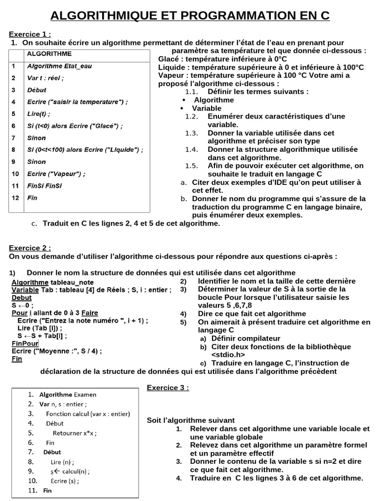 Algorithmique Et Programmation en C | PDF | C (Langage de programmation ...