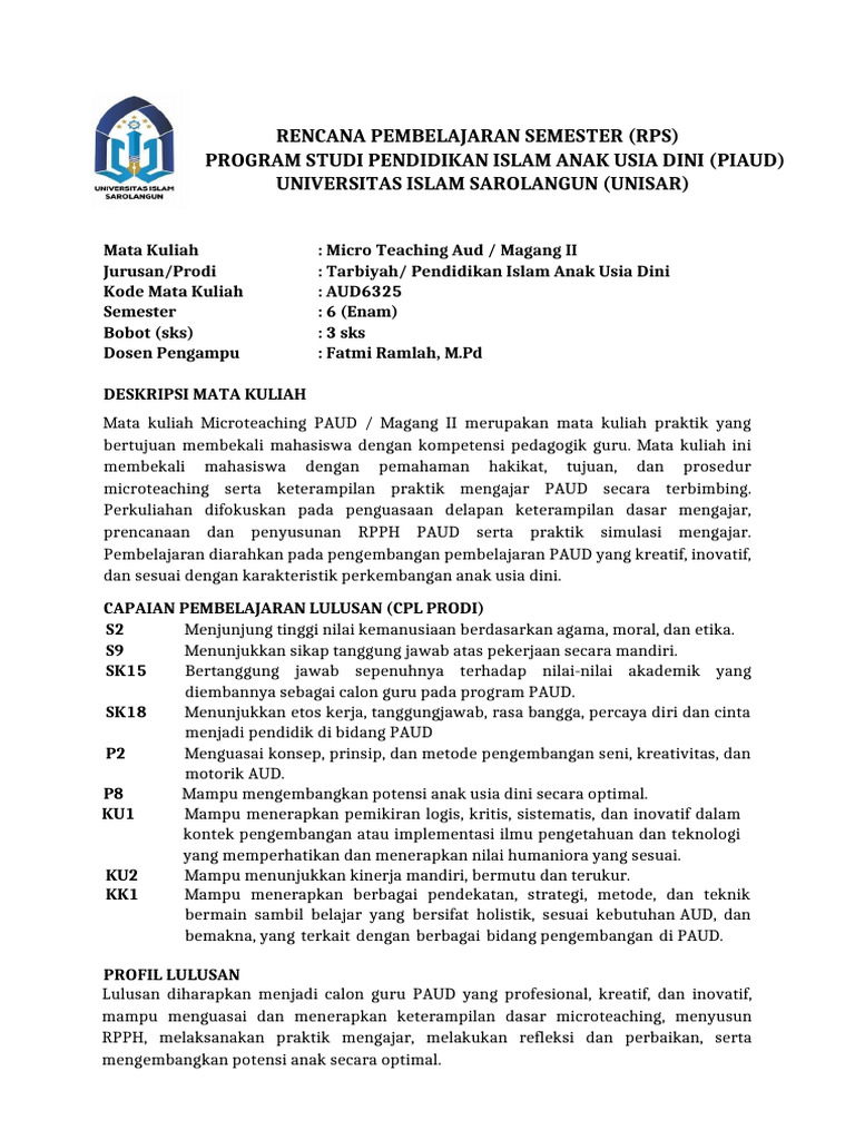 RPS MICRO TEACHING PAUD SEMESTER 6 PIAUD | PDF