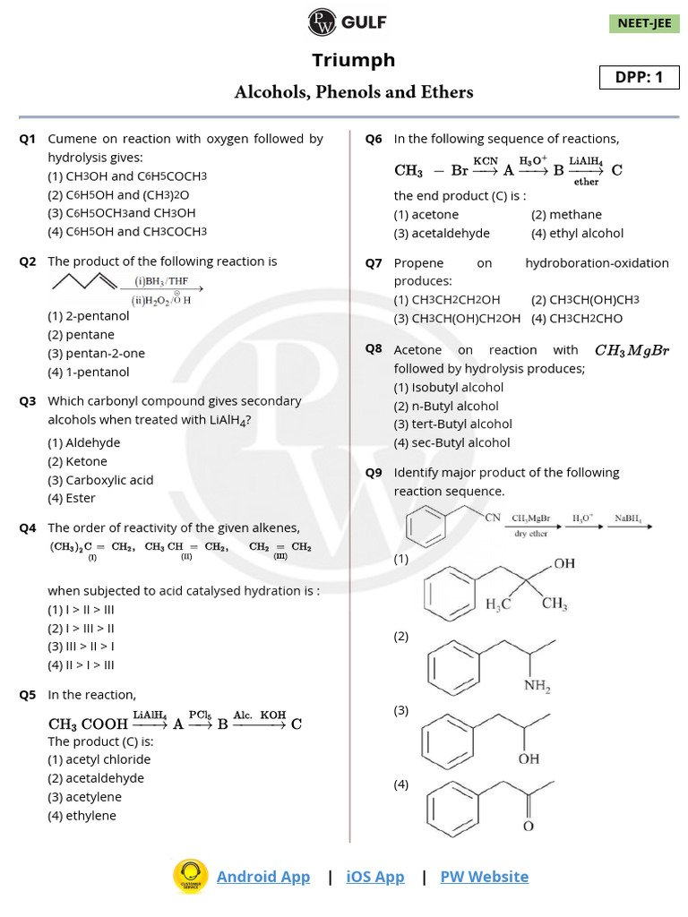 Alcohols, Phenols and Ethers _ DPP 01 (of lec 02) | PDF | Ether | Phenols