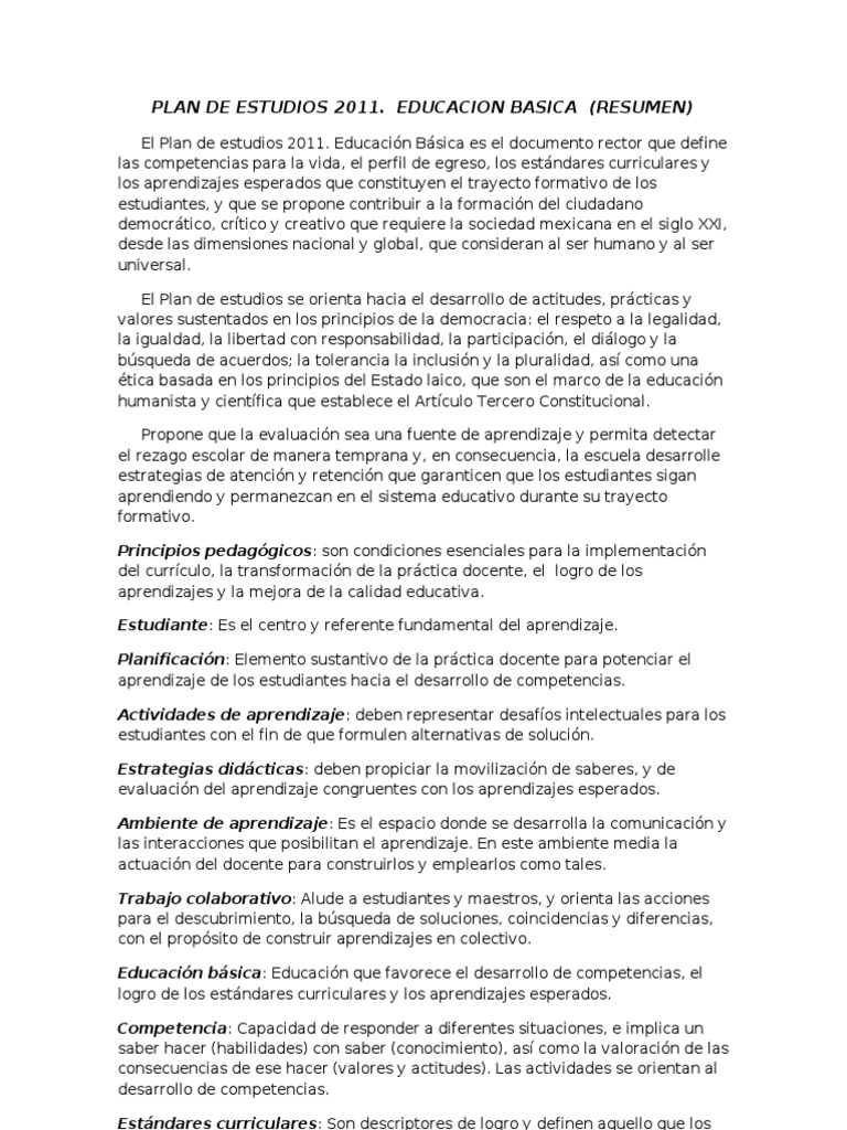 Plan de Estudios 2011 (Resumen) | PDF | Educación primaria | Plan de ...