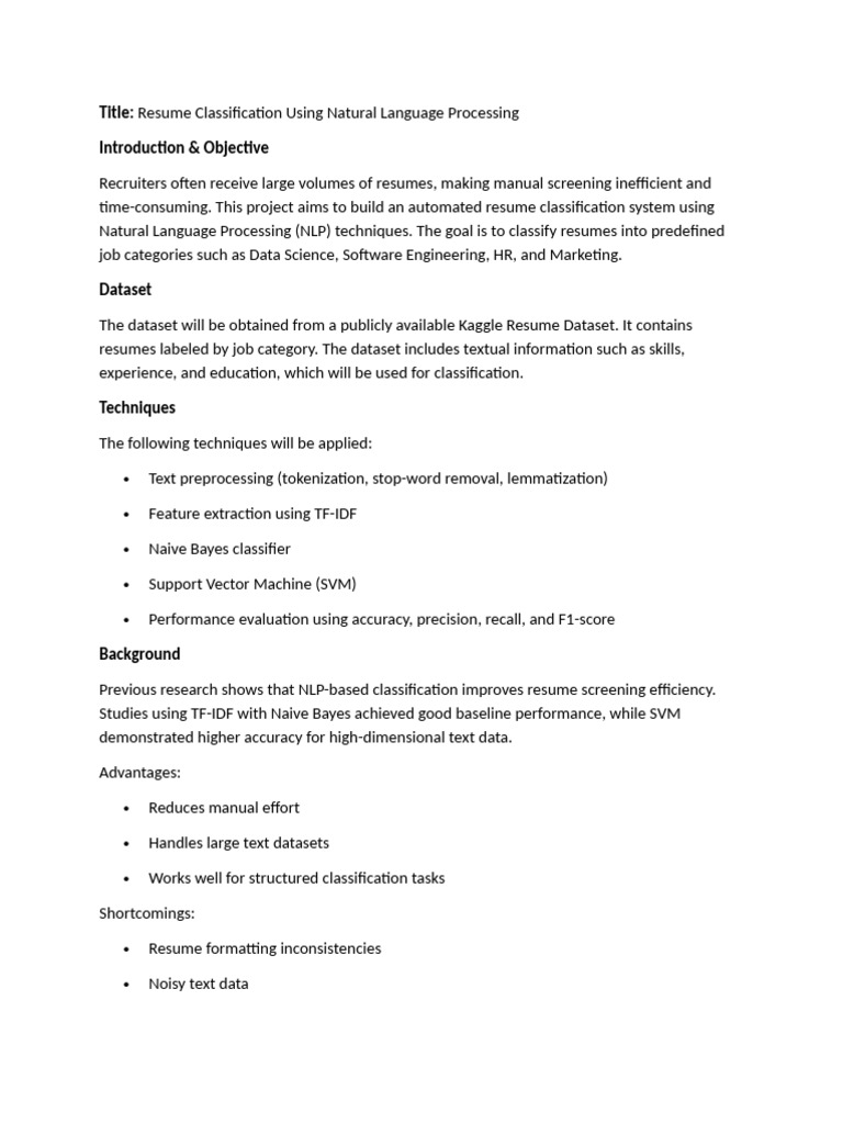 Resume Classification Using Natural Language Processing_PROPOSAL | PDF ...