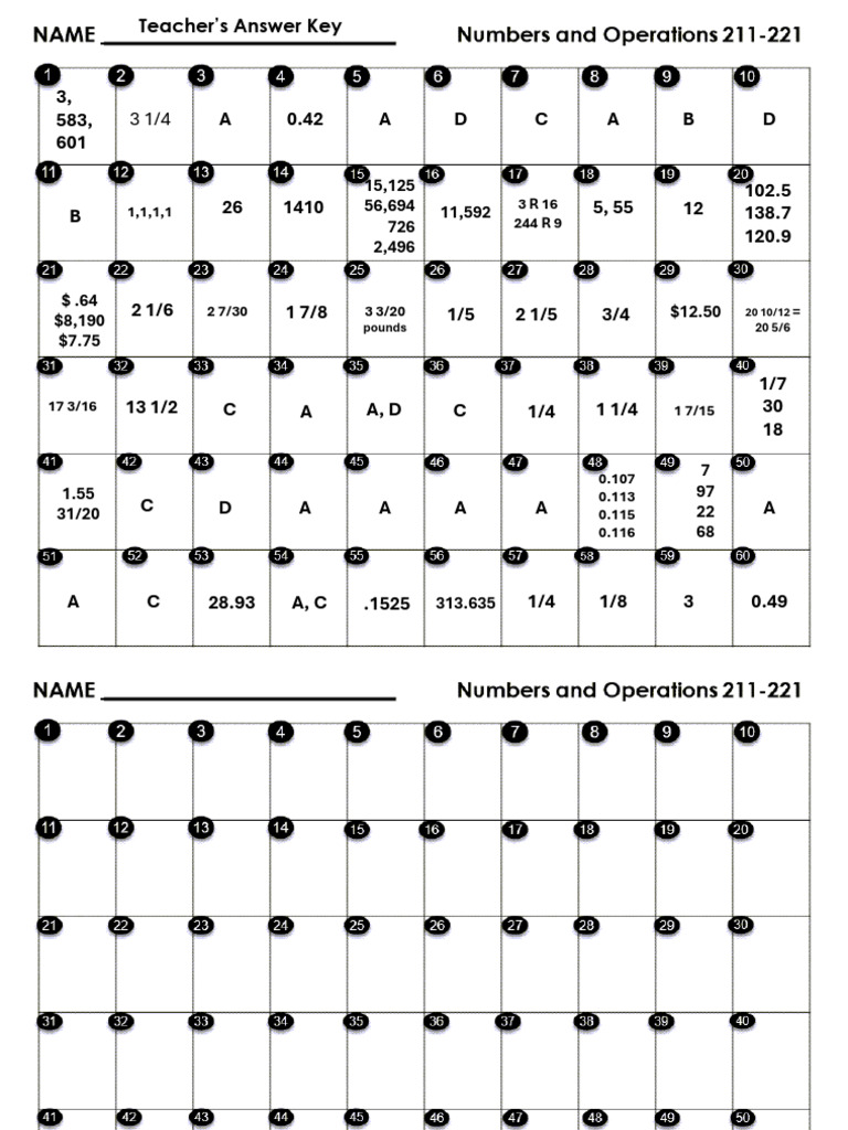 Teachers Answer Key and Student Recording Sheet for Numbers and ...