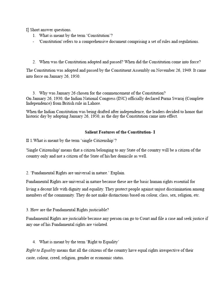 Answer Key for Constitution | PDF