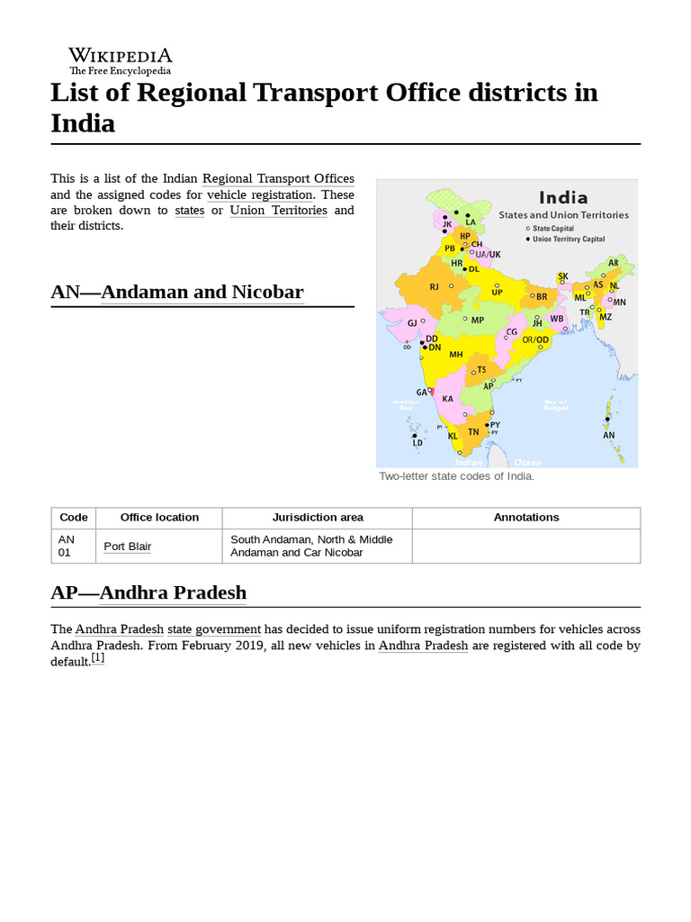 List of Regional Transport Office Districts in India | PDF | Land ...