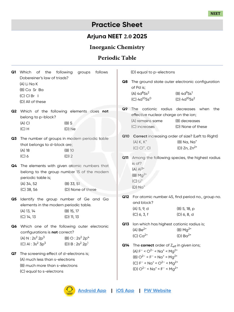 Periodic Table - Practice Sheet | PDF | Ion | Periodic Table