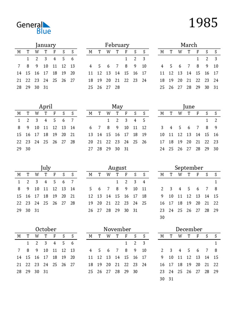 1985 Calendar Printable Classic Portrait Monday Start | PDF