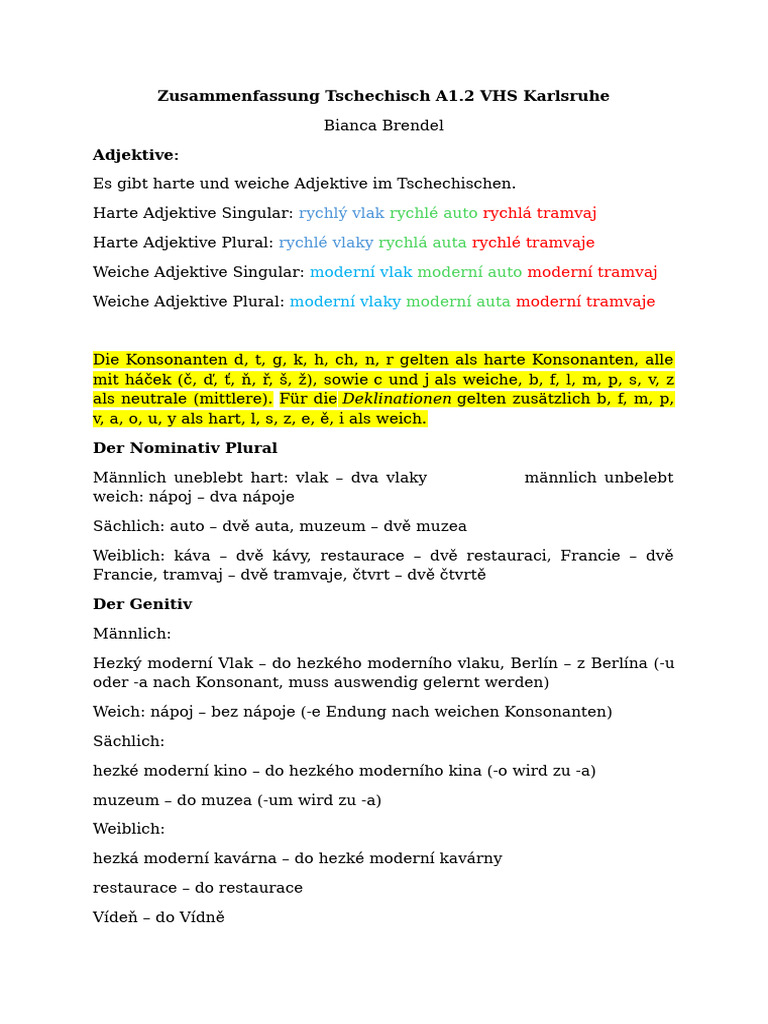 Zusammenfassung Tschechisch A1 | PDF