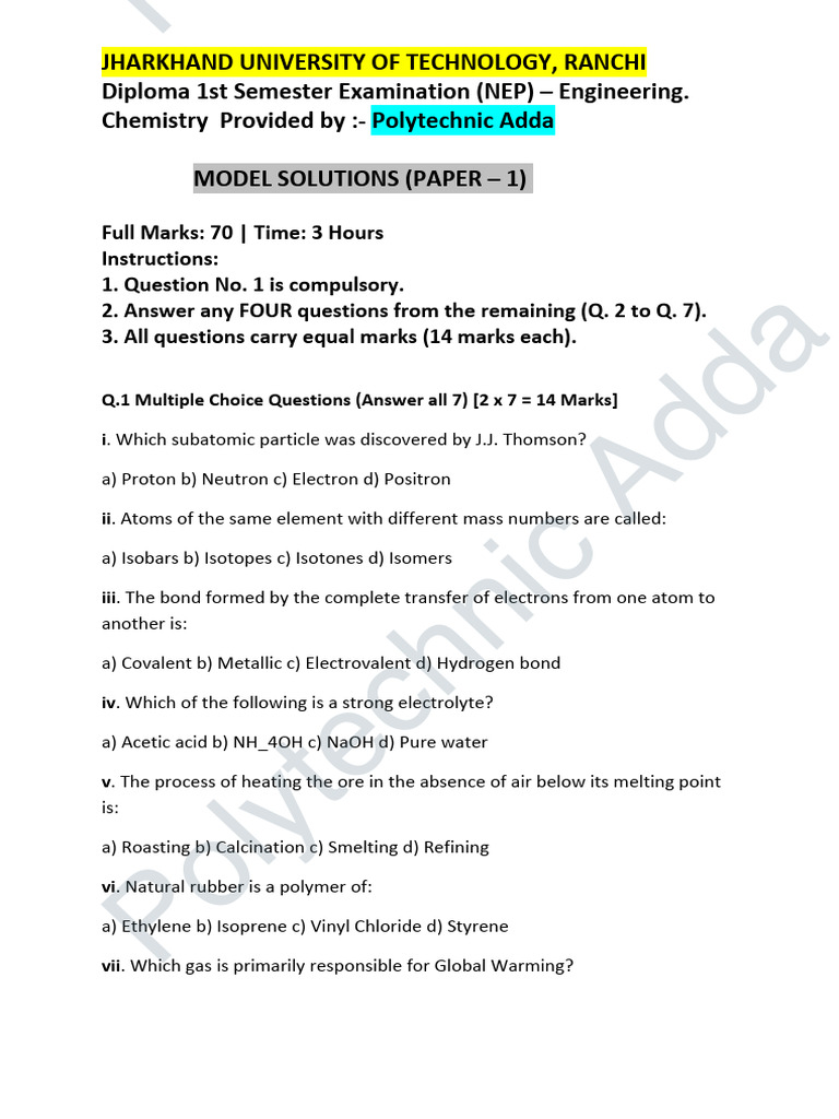 Chemistry (Model Set--1) Polytechnic Adda | PDF
