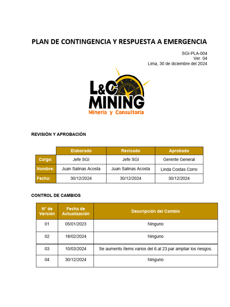 SGI-PLA-004 - PLAN DE CONTINGENCIA Y RESPUESTA A EMERGENCIA 2025_Rev04 ...