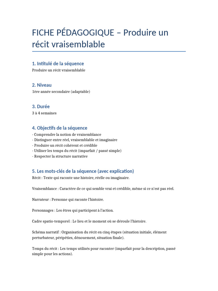 Fiche Pedagogique Recit Vraisemblable v2 | PDF