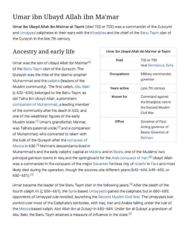 Umar Ibn Ubayd Allah Ibn Ma'Mar - Wikipedia | PDF | Umar | Early Middle ...