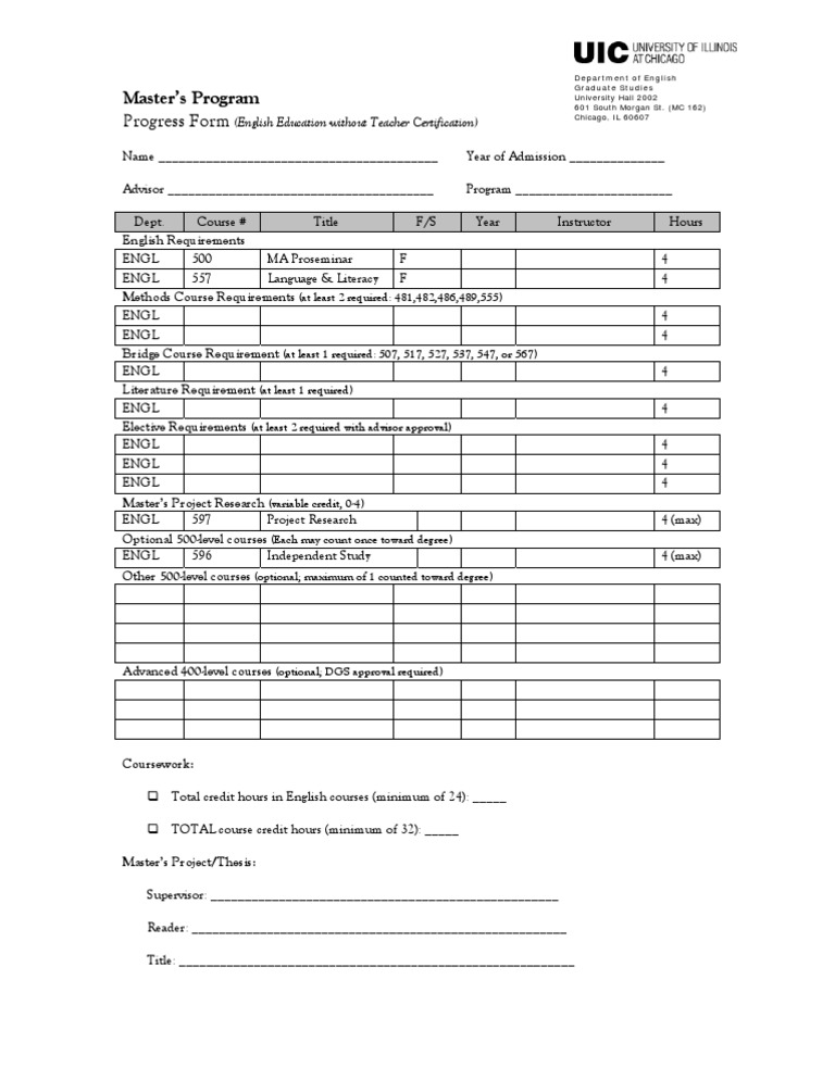 Master's Progress Form: English Education | PDF