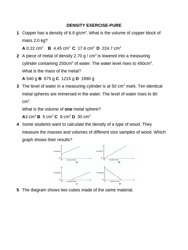 Density Exercise | PDF | Density | Volume