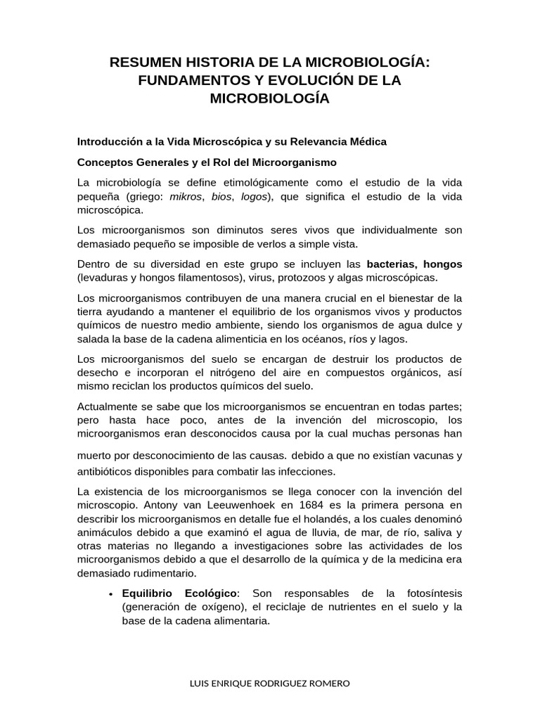 RESUMEN HISTORIA DE LA MICROBIOLOGÍA | PDF | Microorganismo | Microbiología