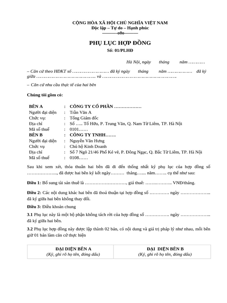 Mau Phu Luc Hop Dong | PDF
