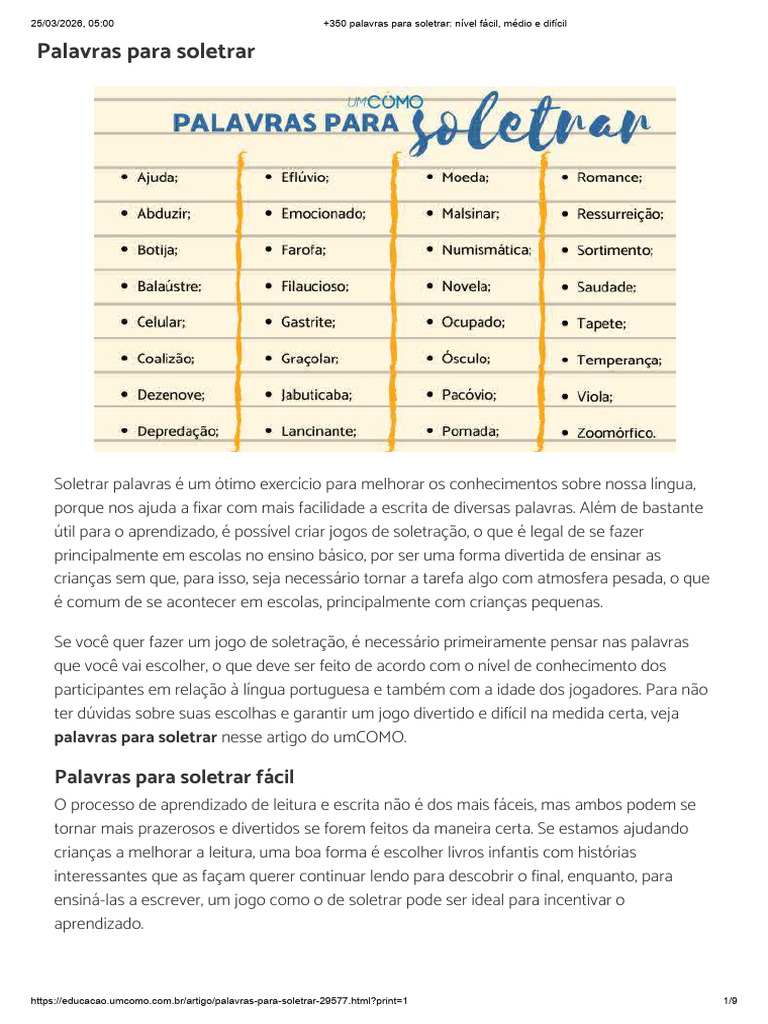 +350 Palavras para Soletrar - Nível Fácil, Médio e Difícil | PDF ...