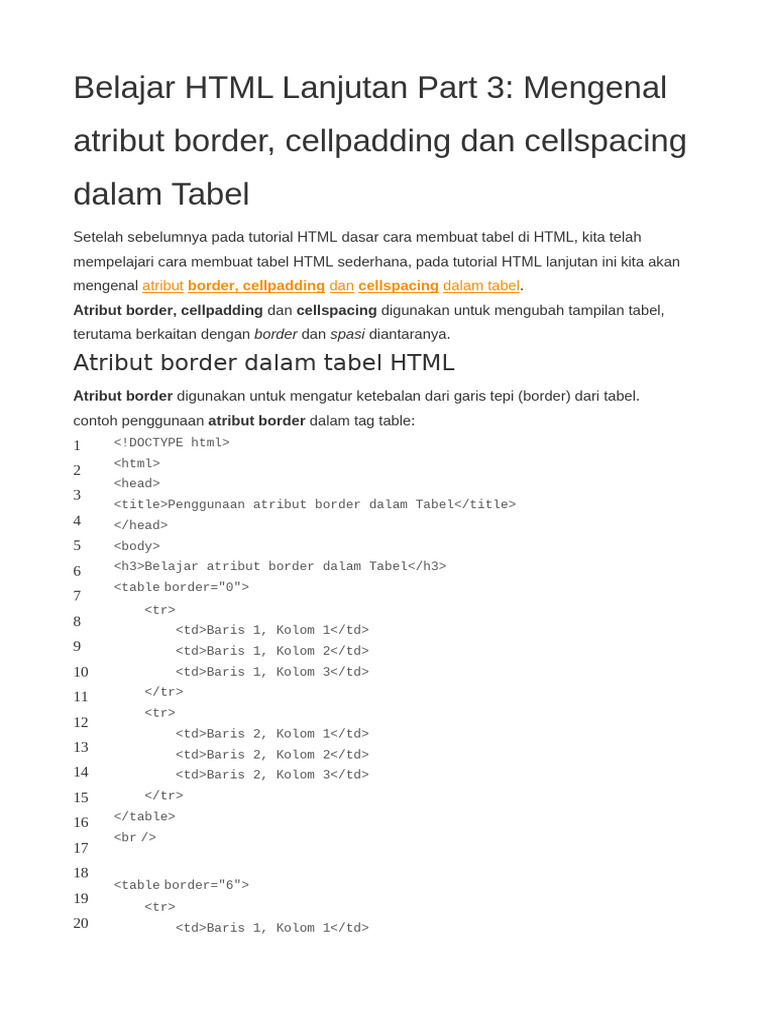 Mengenal Atribut Border, Cellpadding Dan Cellspacing Dalam Tabel | PDF