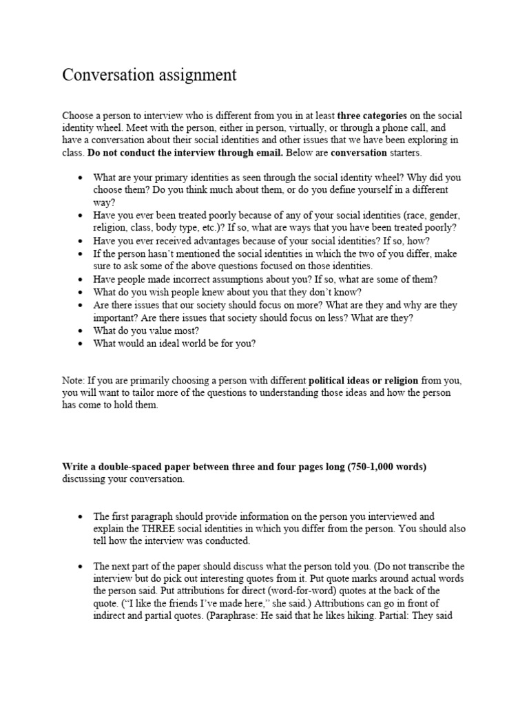 Conversation Assignment | PDF | Identity (Social Science) | Human ...