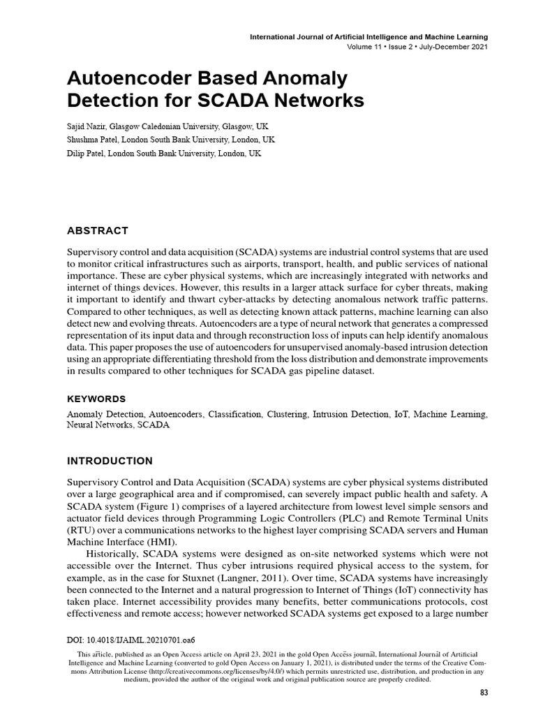 Autoencoder Based Anomaly Detection for SCADA Netw | PDF