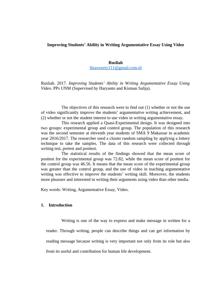 Article (Imroving Students' Ability in Writing Argumentative Essay ...