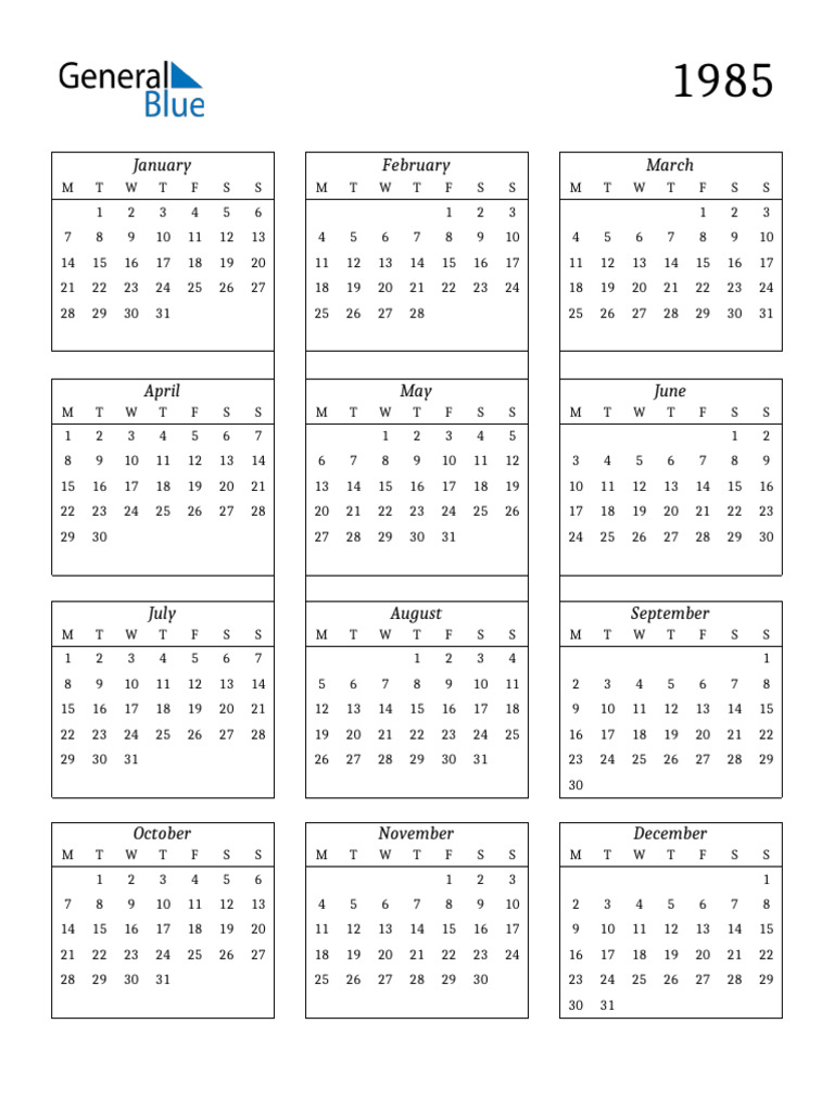 1985 Calendar Streamlined Portrait Monday Start | PDF