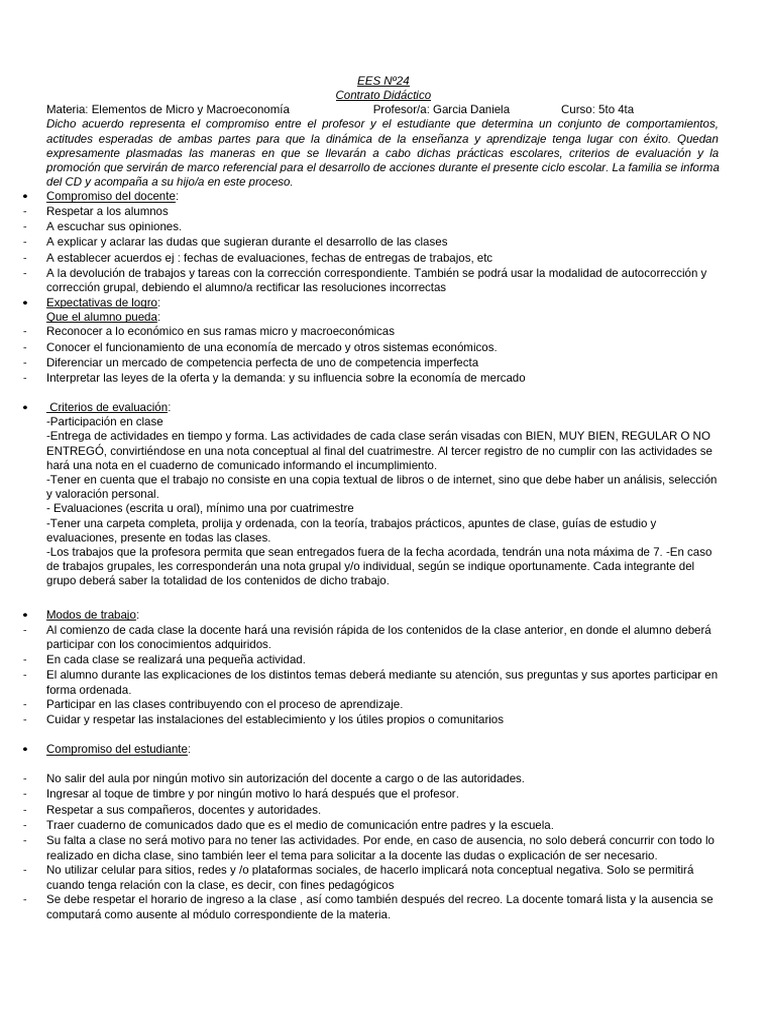 Contrato Didactico EES Nº18 ( Micro y Macro) | PDF | Maestros | Enseñando