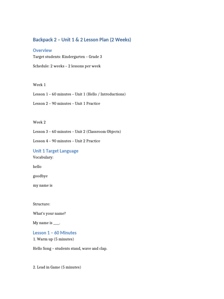 Backpack2 Unit1 2 Lesson Plan | PDF | Chess Theory