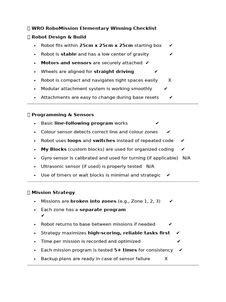 WRO RoboMission Elementary Winning Checklist | PDF | Robot | Robotics