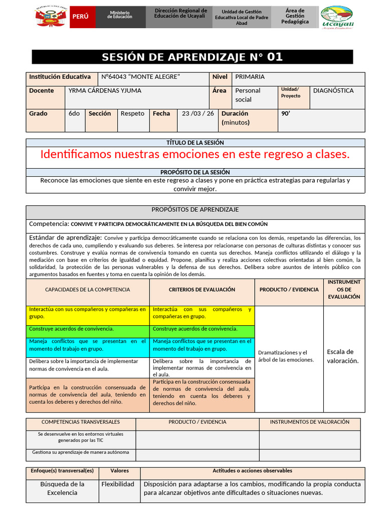 SESIÓN DE APRENDIZAJE de personal social del 23 del 03 del 26 | PDF