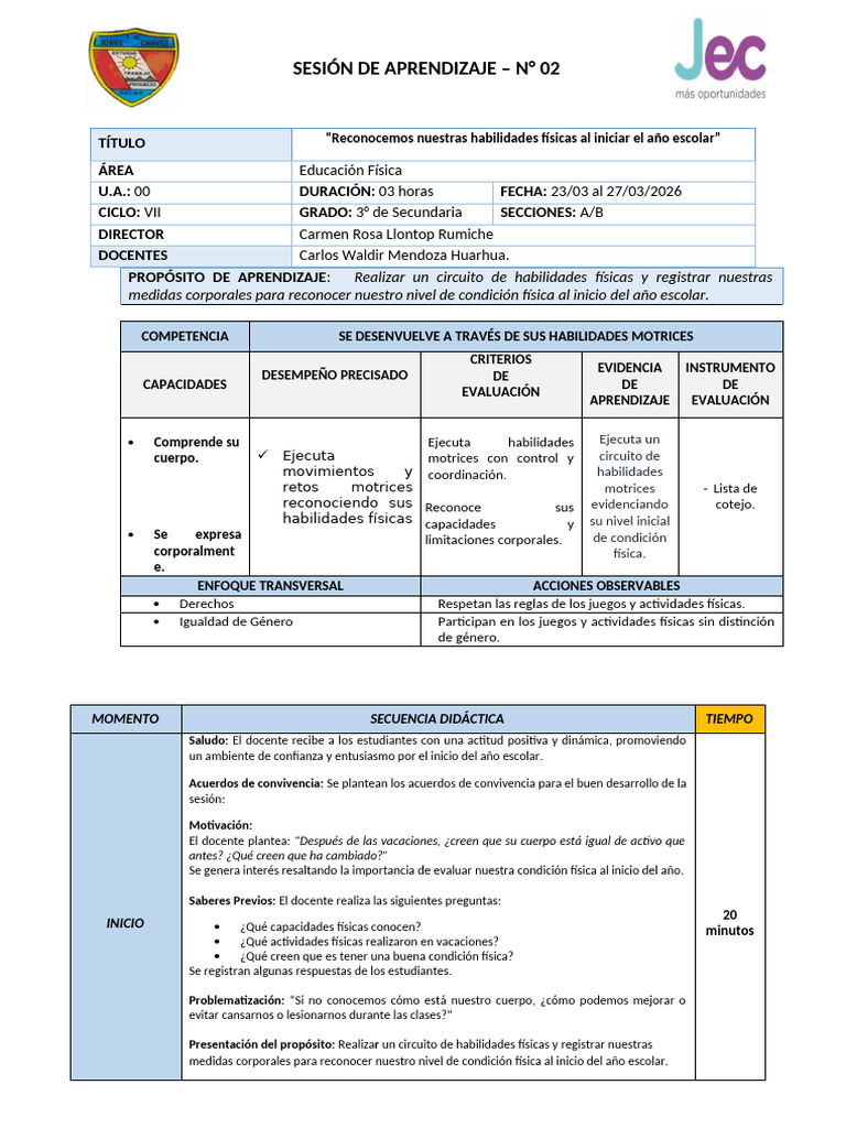 Sesion de Aprendizaje 02 Tercer Grado | PDF | Aprendizaje | Educación ...