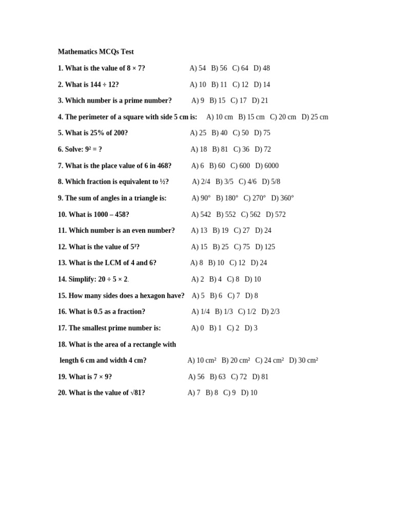 Mathematics MCQs Test Bold | PDF