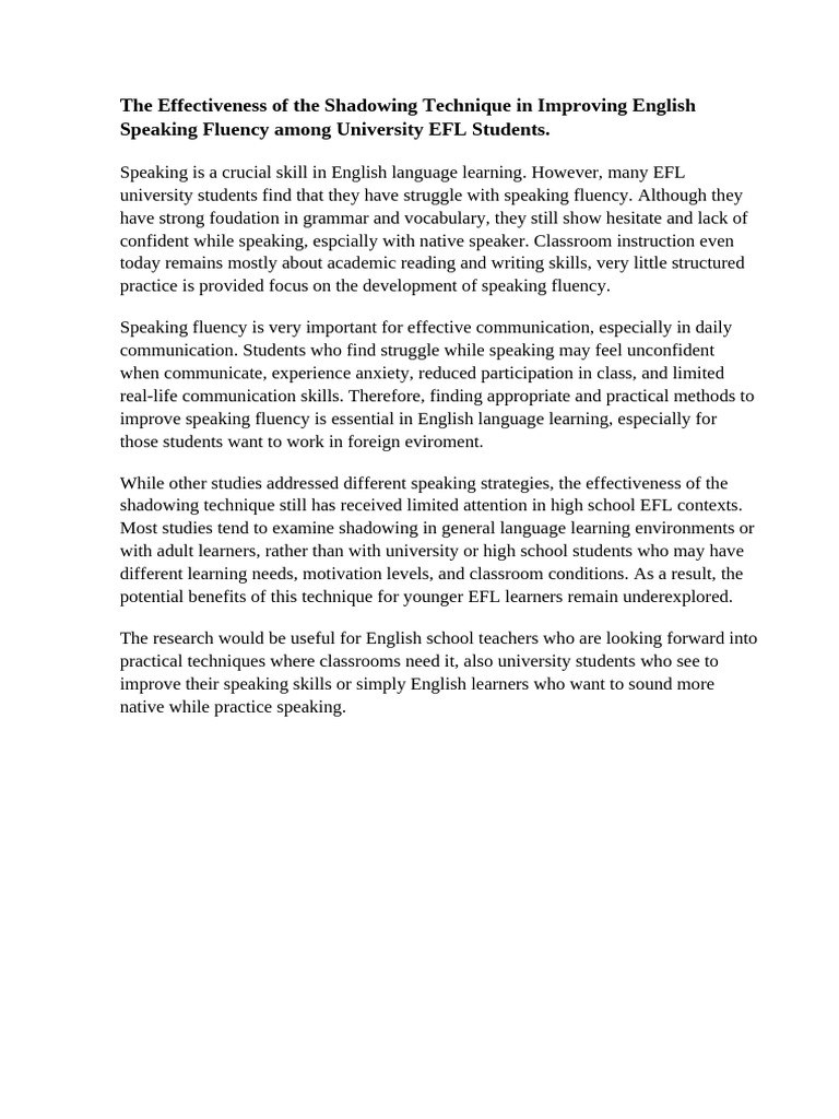 Improving English Speaking Fluency Through Shadowing Technique in EFL ...