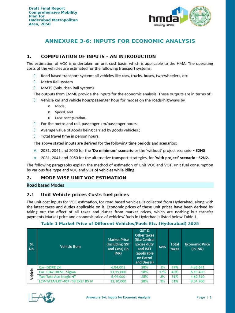 HYD CMP Annexure 3-6 Inputs for Economic Analysis-18!11!2025-V4 | PDF