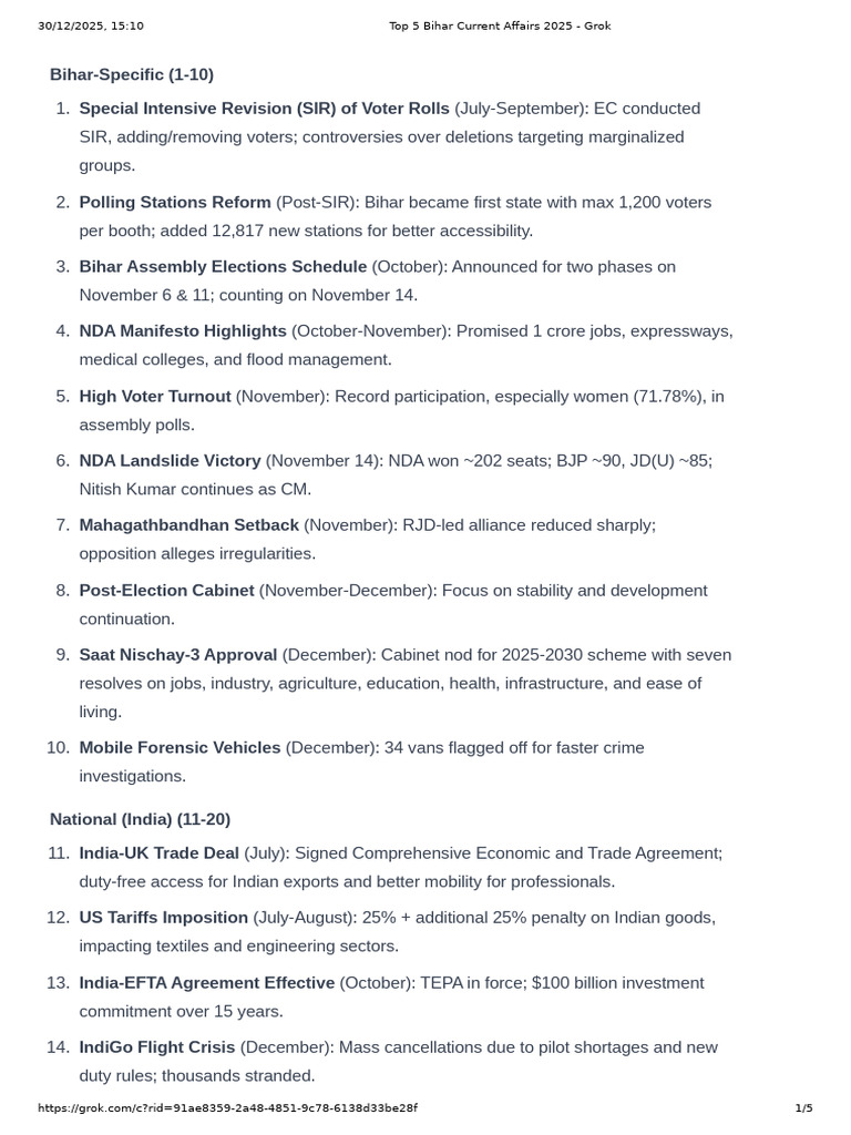 5op 5 Bihar Current Affairs 2025 - Grok | PDF