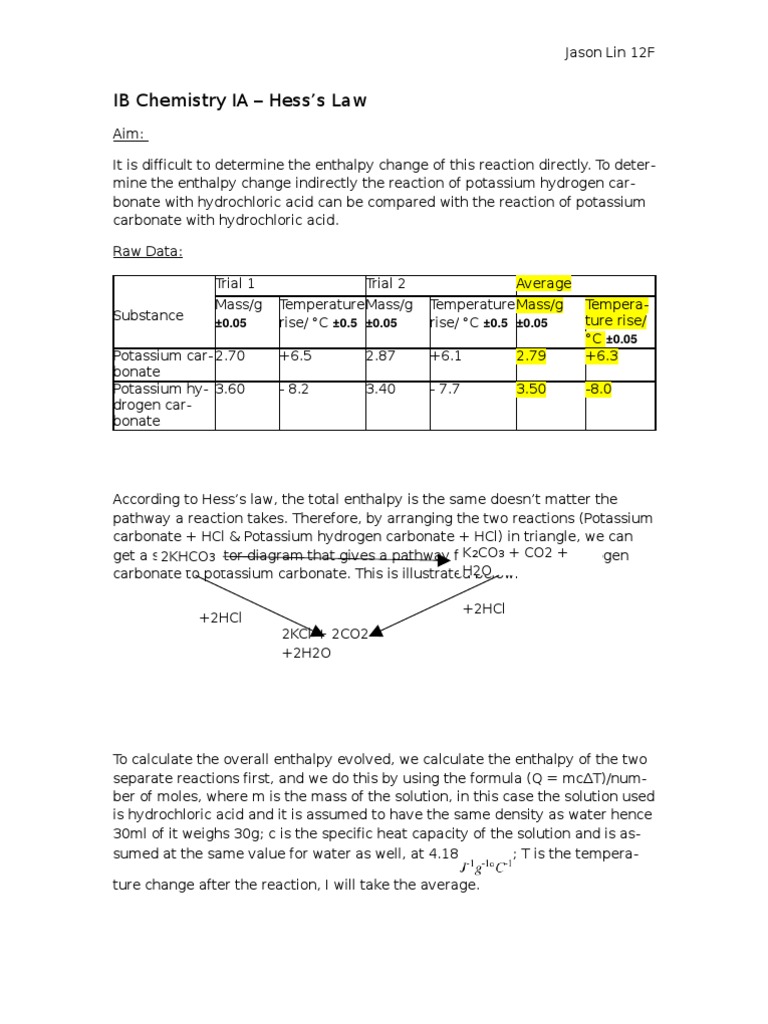 IB Chemistry IA Hess s Law PDF Enthalpy Acid