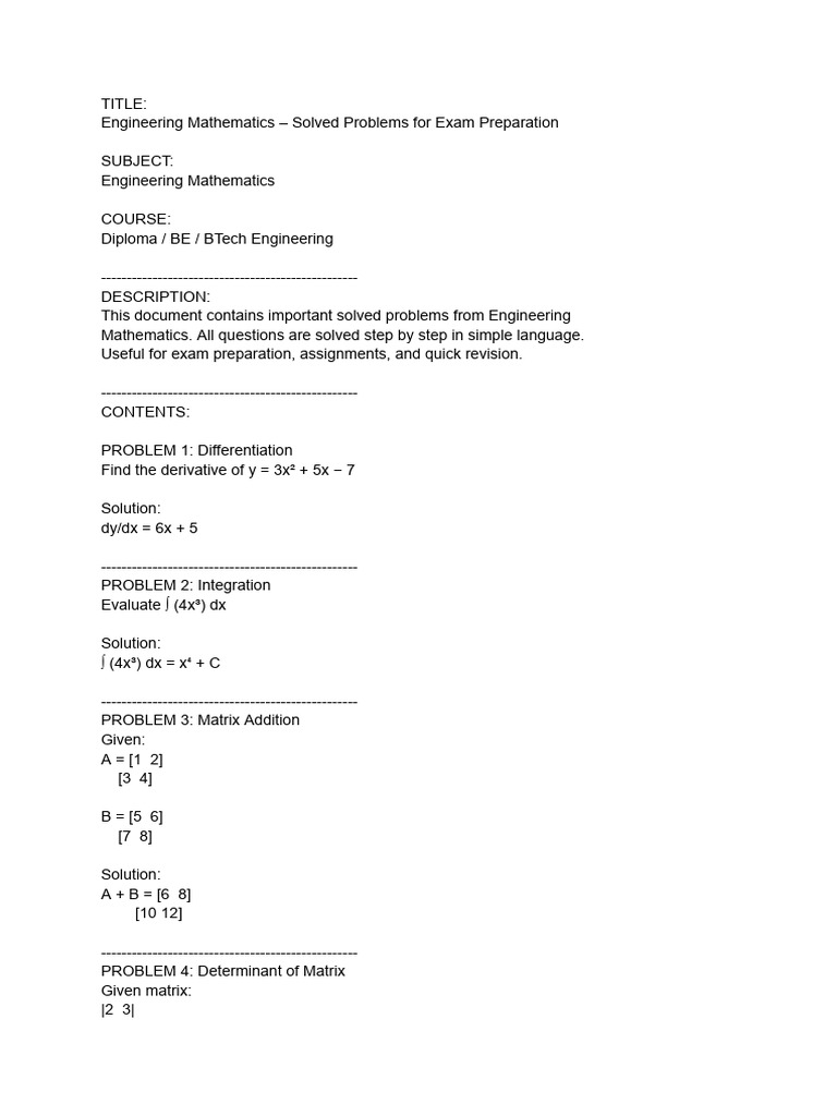 Engineering Mathematics – Solved Problems for Exam Preparation | PDF