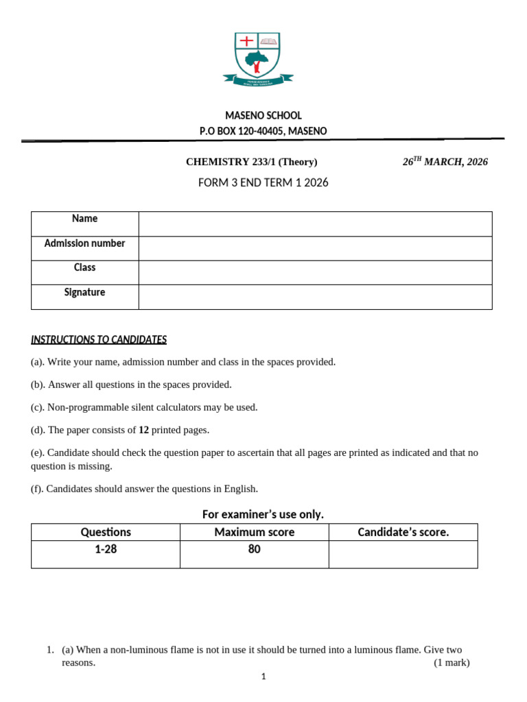 Chemistry Form 3 End Term 1 2026 | PDF | Catalysis | Acid