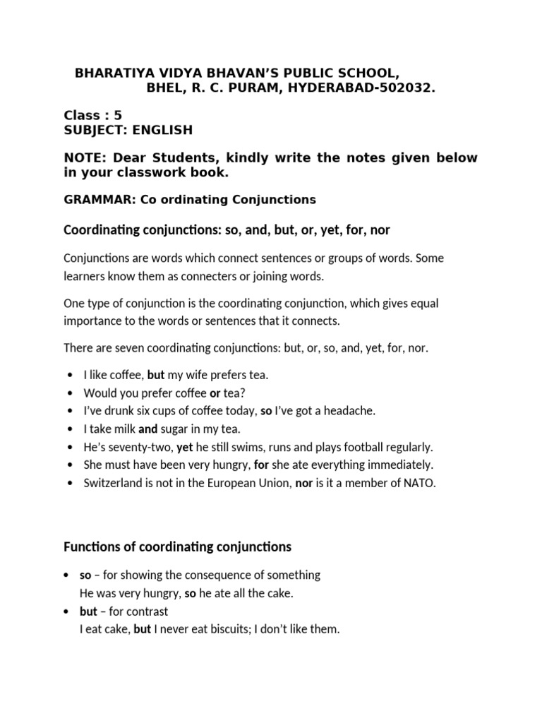 Co Ordinating Conjunctions Notes | PDF