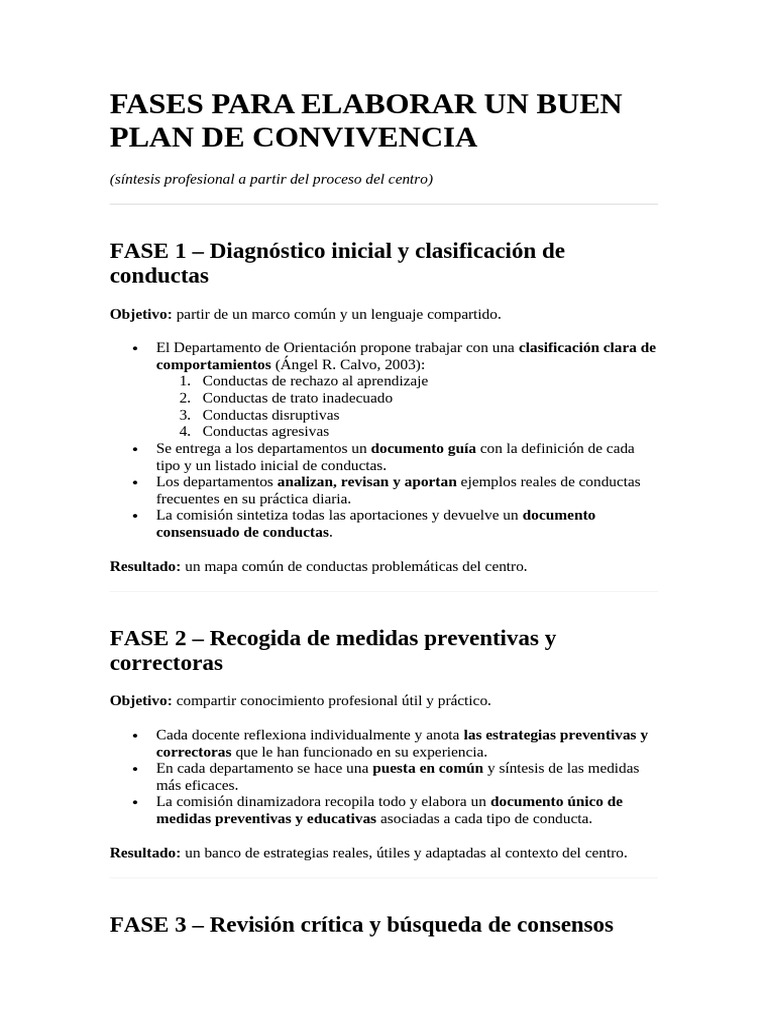 FASES PARA ELABORAR UN BUEN PLAN DE CONVIVENCIA | PDF