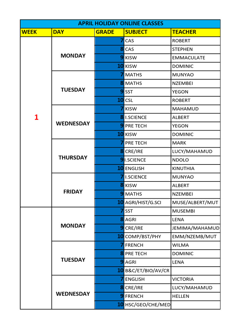 April Holiday Online Class Timetable | PDF