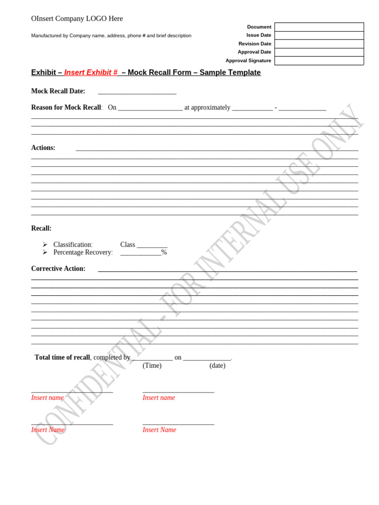 7c Sample Exhibit Mock Recall Template | PDF
