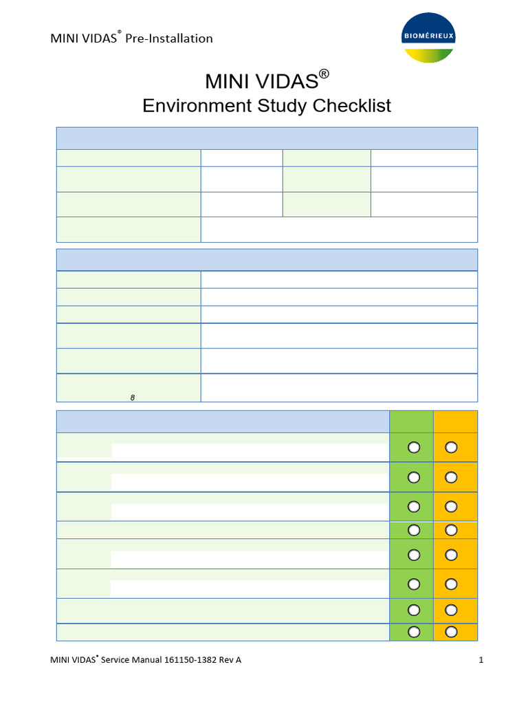 MINI VIDAS Environment Study Checklist | PDF