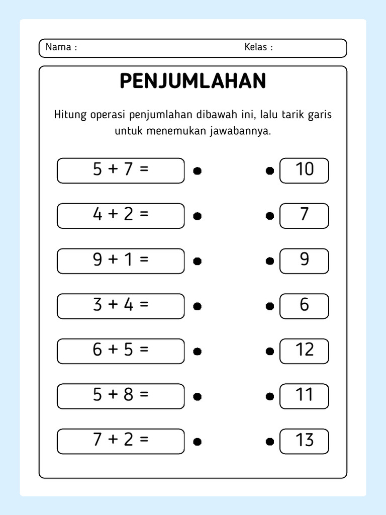 Lembar Kerja Matematika Penjumlahan Sederhana Biru Dan Putih | PDF
