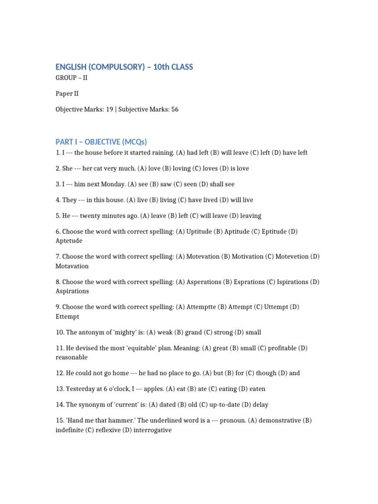 10th_class_english_complete_paper | PDF | Linguistics | Syntax