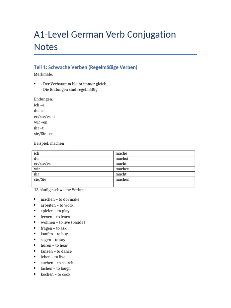 A1 German Verb Conjugation Notes | PDF