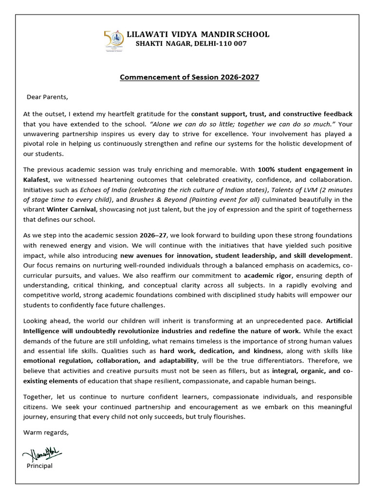 Principal's Message for Parents 2026-2027 | PDF