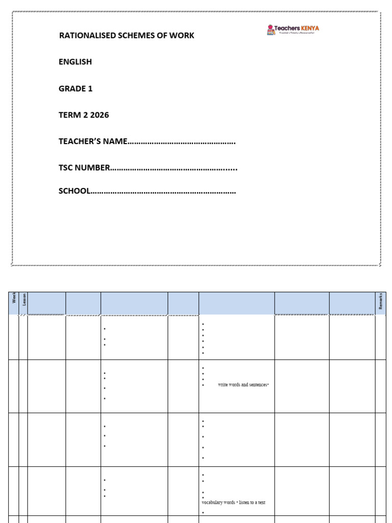Term 2 Grade 1 English Schemes of Work Tusome | PDF | Reading ...
