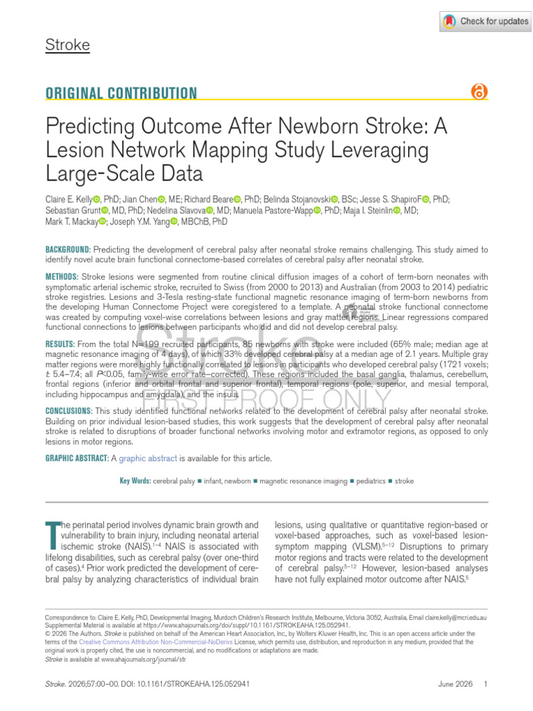 Kelly Et Al 2026 Predicting Outcome After Newborn Stroke A Lesion ...