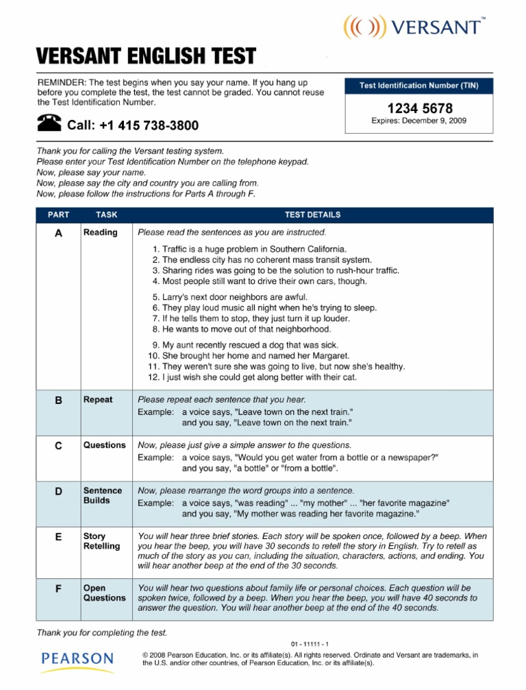 Sample TEST PAPER Versant English Test Watermark | PDF